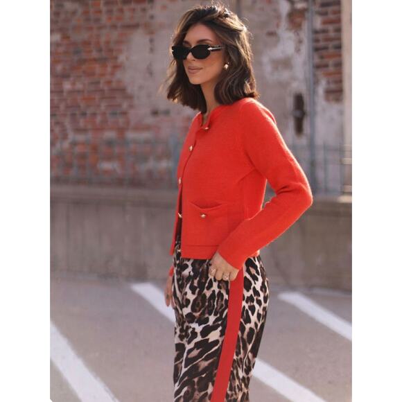 Anne Klein Red Preppy Cardigan Gold Buttons Cotton Size M - Picture 8 of 9